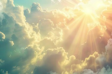 Serene background with divine light shining through clouds, evoking a sense of spiritual presence and faith - obrazy, fototapety, plakaty