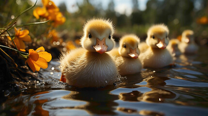 A group of fluffy ducklings following their mother in a pond, creating a charming aquatic parade that exemplifies the cuteness of waterfowl. - obrazy, fototapety, plakaty