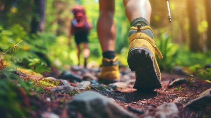 Female legs with sports shoes and backpack running on a trail mountain, Hiking in the mountains, close up, generative ai - obrazy, fototapety, plakaty