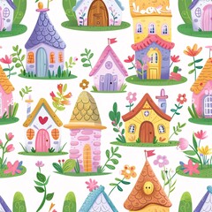 Fototapeta na wymiar Pink Houses and Flowers A Cute and Colorful Collection of Houses and Flowers for a Monthly Theme Generative AI