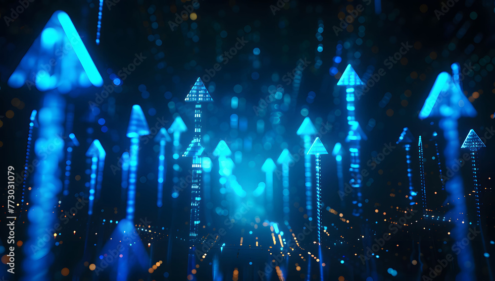 Poster abstract background with blue glowing arrows pointing upwards, representing growth and progress in t