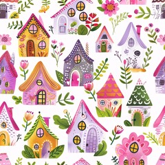 Pink Houses and Flowers A Cute and Colorful Print for Monthly Events and Trendy Decorations Generative AI