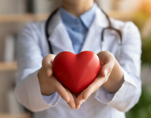 Hands of doctor woman holding red heart, promoting medical insurance, showing symbol of love,,Close...