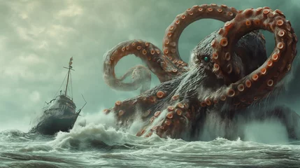 Fotobehang octopus fiercely attacks a ship in the open ocean, wrapping its tentacles around the vessel as it tries to defend itself © Mars0hod