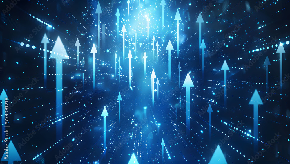 Poster abstract background with blue glowing arrows pointing upwards, representing growth and progress in t
