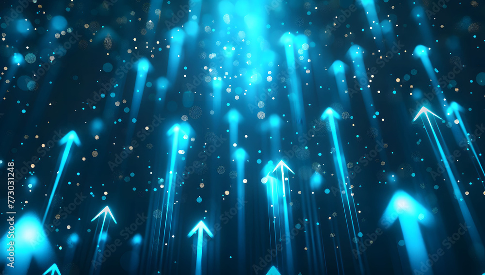 Poster abstract background with blue glowing arrows pointing upwards, representing growth and progress in t