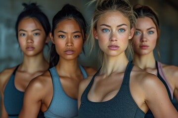 Diverse group of women in sports bras standing confidently in front of dark background, one making eye contact