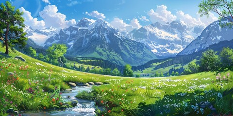 A serene mountain landscape with a flowing stream and a blue sky Generative AI
