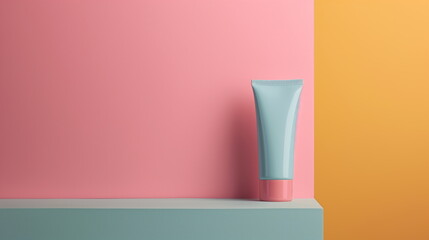 tube of cream placed on a pink background, skincare product in a minimalist setting - obrazy, fototapety, plakaty