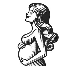 Serene happy pregnant woman cradling her belly, with hair flowing in the wind sketch engraving generative ai fictional character raster illustration. Scratch board imitation. Black and white image.