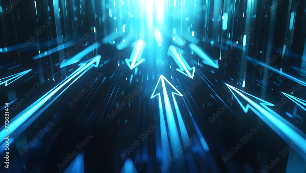 Poster abstract background with blue glowing arrows pointing upwards, representing growth and progress in t