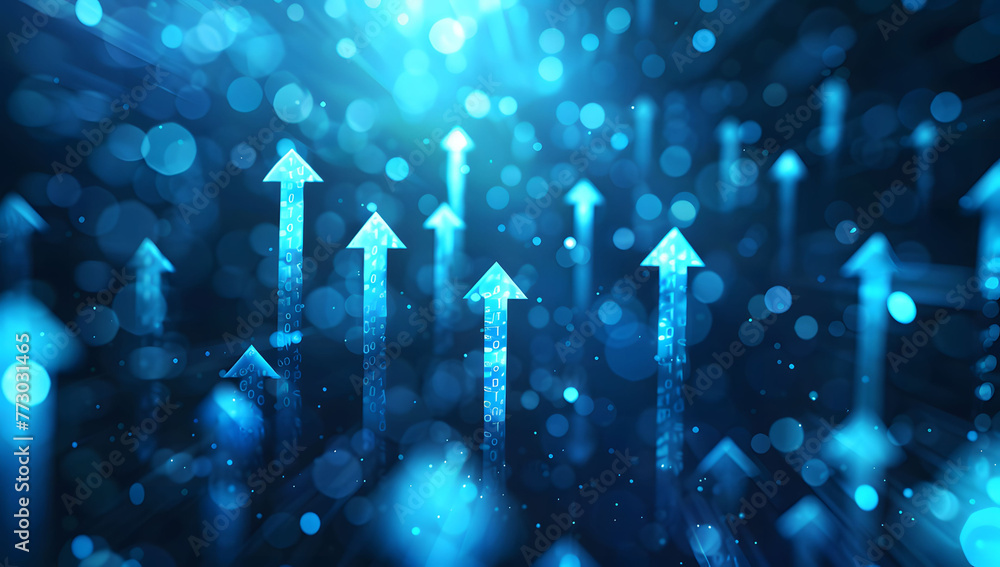 Poster abstract background with blue glowing arrows pointing upwards, representing growth and progress in t