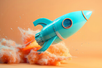 a blue rocket with orange smoke coming out of it