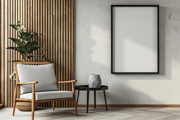 Stylish Scandinavian living room interior with armchair, black poster frame, wooden elements, minimalist home decor, 3D visualization