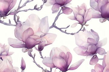 Seamless Pattern with Magnolia Flowers, Delicate Watercolor Floral Background