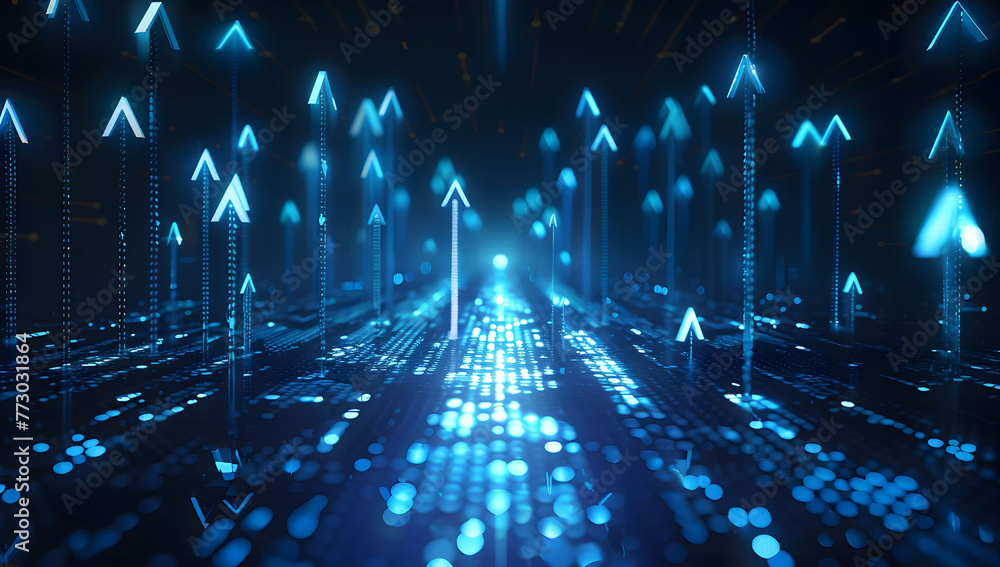 Poster abstract background with blue glowing arrows pointing upwards, representing growth and progress in t