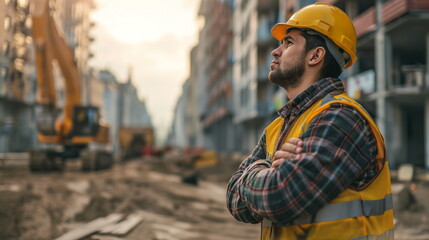 Construction worker standing in front of a busy construction site surrounded by equipment and materials, ready to continue working
