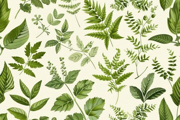 Seamless pattern with hand-drawn green plants and leaves, vintage botanical illustration - obrazy, fototapety, plakaty