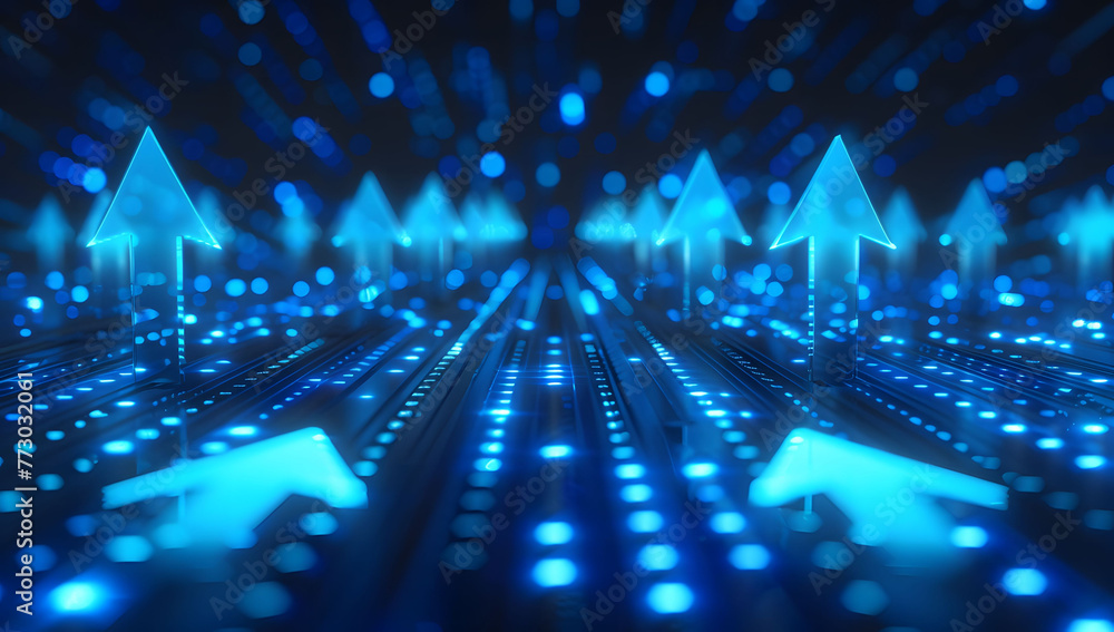 Poster abstract background with blue glowing arrows pointing upwards, representing growth and progress in t