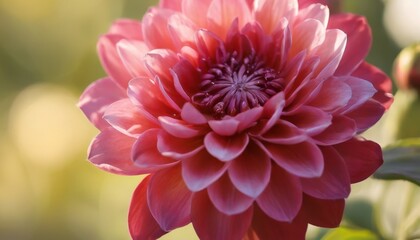 A radiant red dahlia bathed in soft sunlight, its intricate petals arranged in perfect symmetry