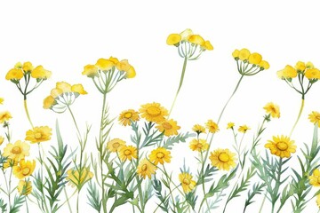 Seamless border of yellow meadow flowers, watercolor hand-painted illustration of common tansy on white background