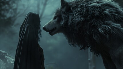 Mysterious woman in a cloak faces a large wolf amidst the foggy woods as evening falls