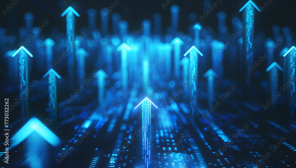 Poster abstract background with blue glowing arrows pointing upwards, representing growth and progress in t