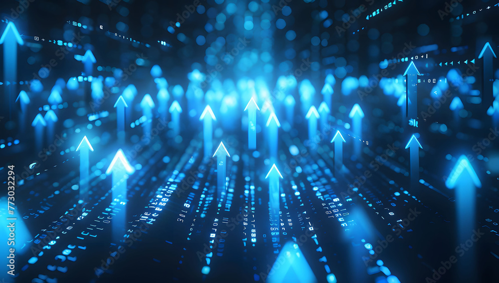 Poster abstract background with blue glowing arrows pointing upwards, representing growth and progress in t