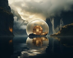 an otherworldly fusion of surreal elements in a dreamy fjord backdrop