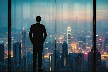 A man in a suit is looking out of a window at a city skyline. Concept of loneliness and contemplation, as the man stands alone in the window, watching the city below