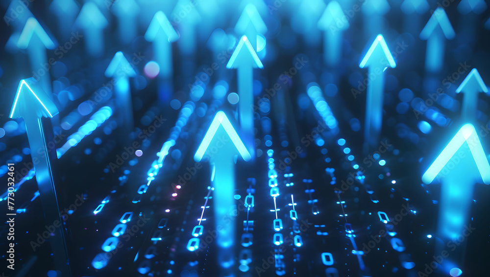 Poster abstract background with blue glowing arrows pointing upwards, representing growth and progress in t