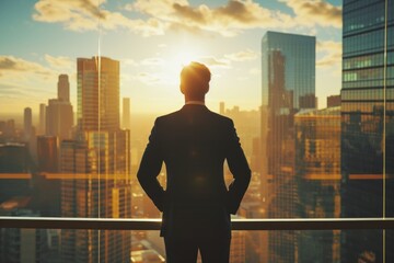 A man in a suit is looking out over a city skyline. The sun is setting, casting a warm glow over the buildings. The man is in a contemplative mood, taking in the beauty of the cityscape