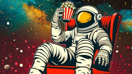 Astronaut the audience with beer and popcorn sitting in a chair. loneliness in space. Pop art retro vector illustration - obrazy, fototapety, plakaty