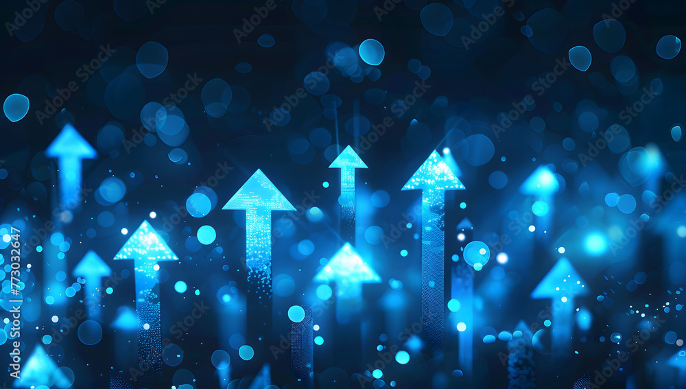 Poster abstract background with blue glowing arrows pointing upwards, representing growth and progress in t