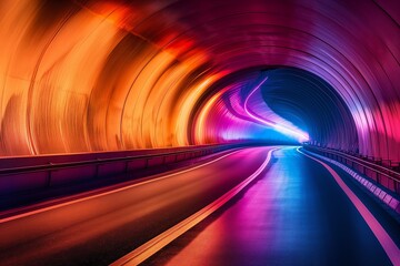 Vivid colors light up a modern tunnel creating a captivating scene with a curved roadway leading into the distance. - obrazy, fototapety, plakaty