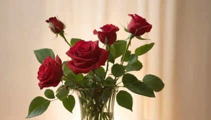 A delicate arrangement of vibrant red roses stands in a clear glass vase, offering a classic symbol of romance and beauty against a soft, neutral background