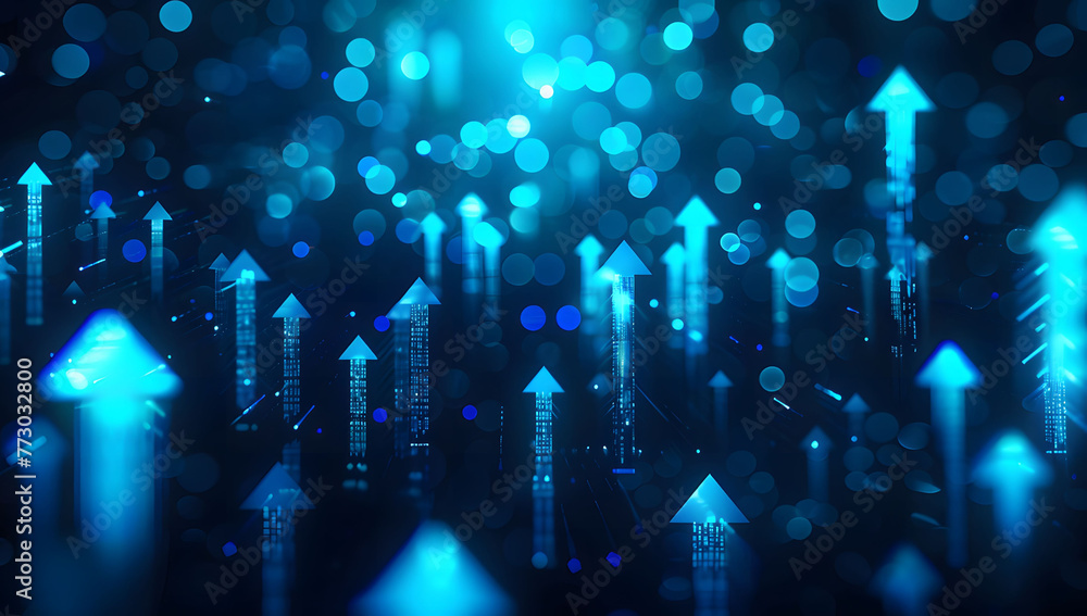 Poster abstract background with blue glowing arrows pointing upwards, representing growth and progress in t