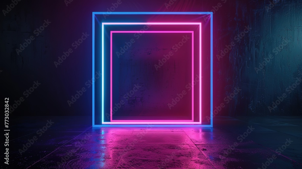 Aufkleber square rectangle picture frame with two tone neon color motion light 3d illustration rendering