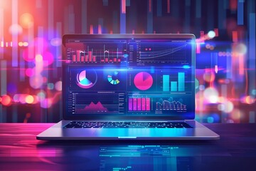 Fototapeta na wymiar Sales performance management dashboard on laptop screen with data analysis, digital concept illustration