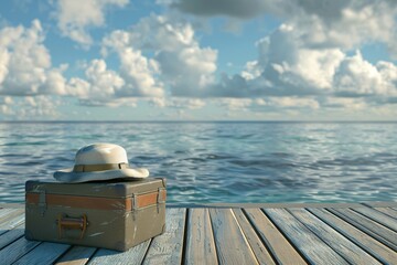 a suitcase on a dock with a hat on top - obrazy, fototapety, plakaty