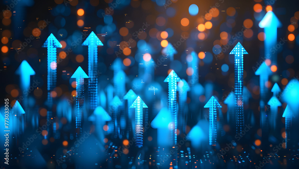 Poster abstract background with blue glowing arrows pointing upwards, representing growth and progress in t