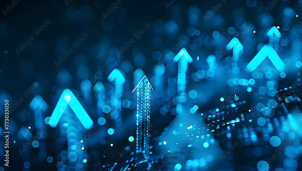 Poster abstract background with blue glowing arrows pointing upwards, representing growth and progress in t
