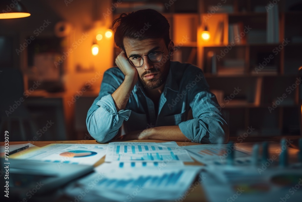 Poster a man is sitting at a desk with papers and a laptop. he is looking at the papers and he is in a stat