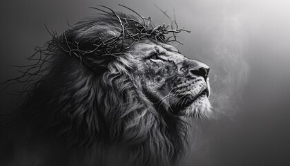 Lion of Judah - A lion with a crown of thorns, representing the resilience and strength of the lion, and the connection to the biblical story of King David. Generative AI