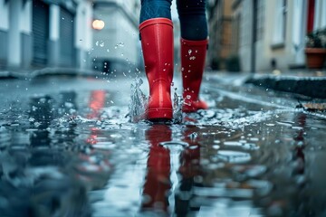 Red rubber boots splashing in rain puddle on city street, joyful lifestyle moment - obrazy, fototapety, plakaty