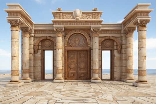 Roman columns and a closed door against white background for a classic architectural look