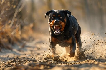 Rottweiler dog in training field, strong and aggressive, animal behavior and obedience concept, action photo