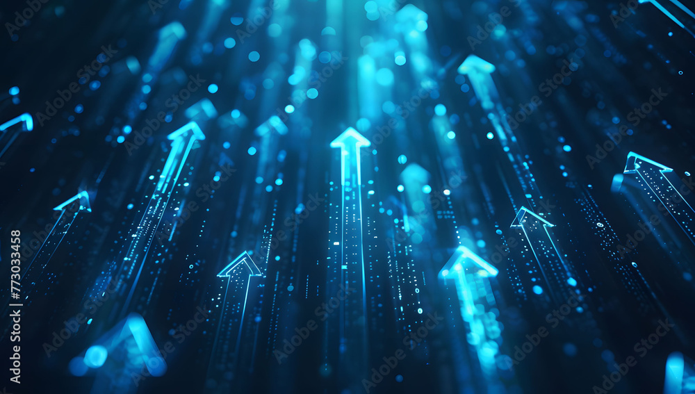 Poster abstract background with blue glowing arrows pointing upwards, representing growth and progress in t