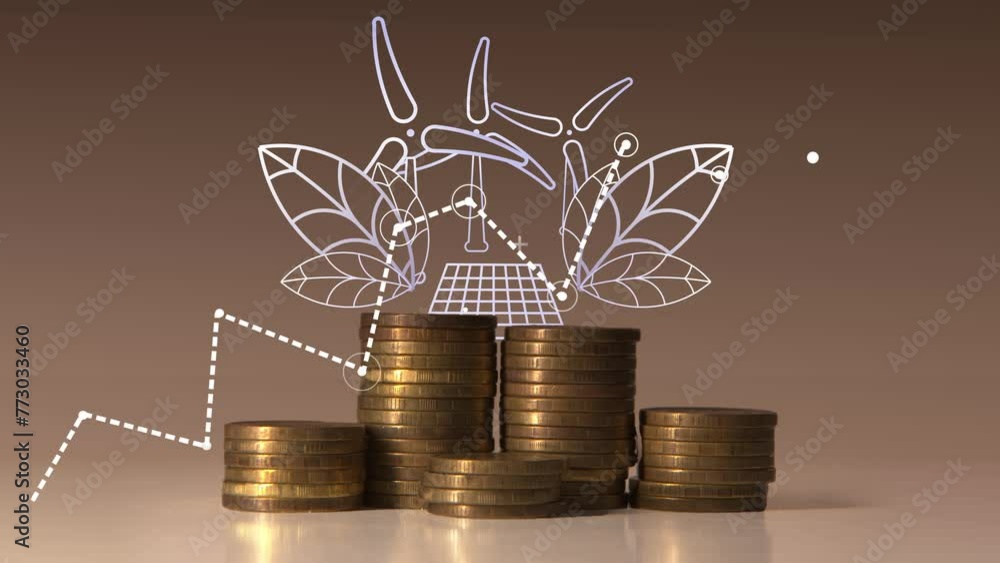 Aufkleber a moving graph against a background of columns of coins and footage on an environmental theme. conce