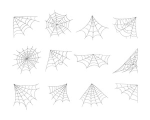 Halloween cobweb, frames and borders, scary elements for decoration. Hand drawn spider web or cobweb. Line art, sketch style spider web elements, spooky, scary image. Vector illustration